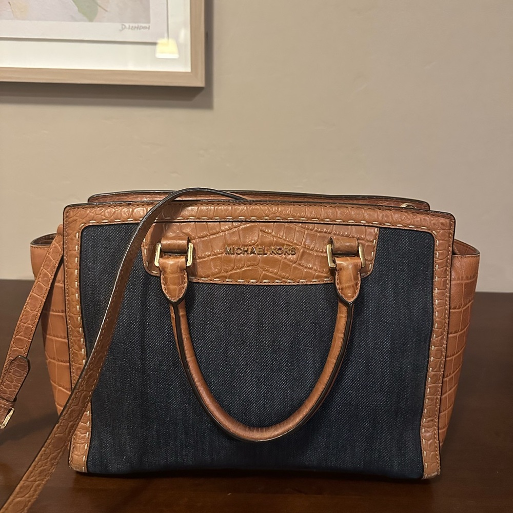 Michael Kors Selma satchel dark denim and brown crocodile leather trim